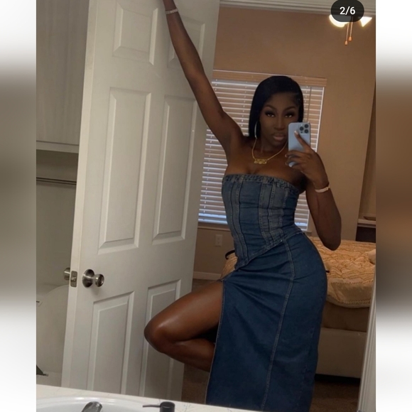 Zara  denim * strapless midi dress slit size XS - Picture 10 of 12